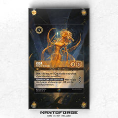 a card with a picture of a woman holding a sword