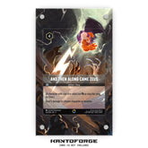 a card with a picture of a person holding a sword